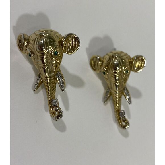 Vintage Elephant Pierced Earrings Rhinestone Gold Faux Emerald Eyes - Picture 1 of 6